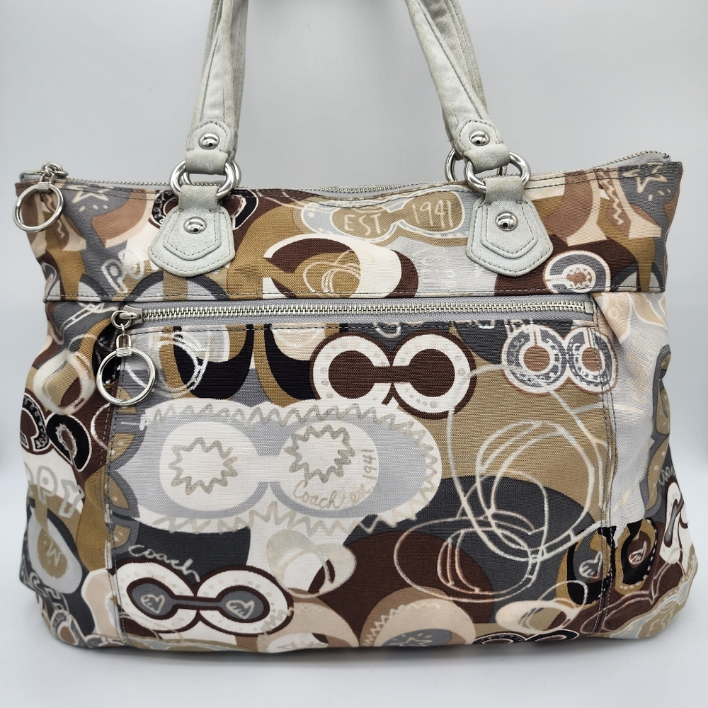 Coach Poppy Graffiti Glam Tote Canvas Silver Cream Tan Brown FLAWS